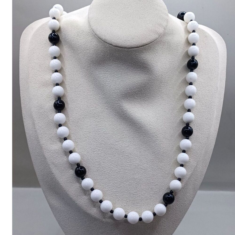 Vintage Black and White Lightweight Resin Beaded Necklace with Seed Bead Spacers